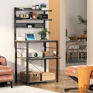 Aheaplus Kitchen Storage Rack with Power Outlet, Coffee Bar Station with LED Lights, Bakers Rack with 6 S-Shaped Hooks - 1 of 4