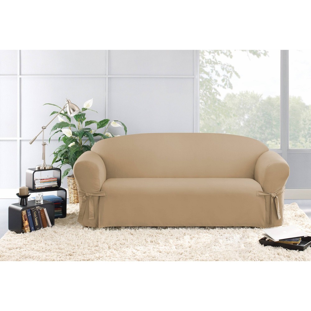 Photos - Furniture Cover Duck Sofa Slipcover Tan - Sure Fit: Stretch Fit Cotton Furniture Protector