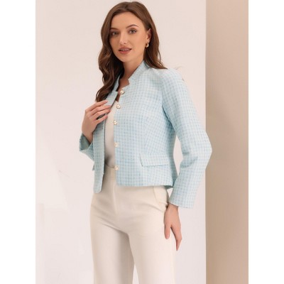 INSPIRE CHIC Women's Plaid Tweed Long Sleeve Button Down Work Office Short Jacket Light Blue Medium — фото 2
