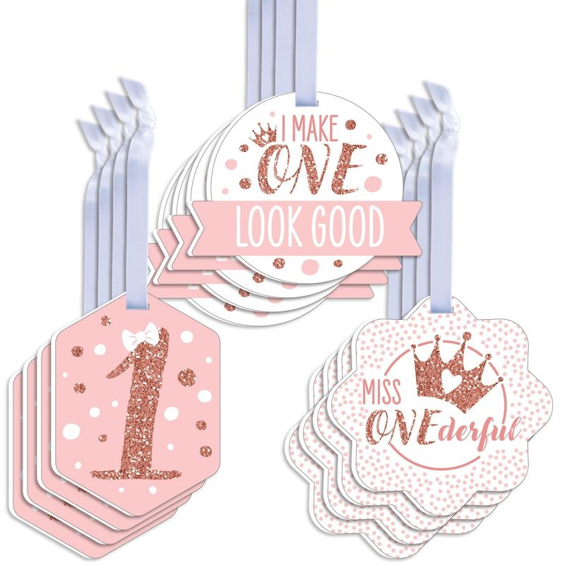 Big Dot of Happiness 1st Birthday Little Miss Onederful - Assorted Hanging Girl First Birthday Party Favor Tags - Gift Tag Toppers - Set of 12, 1 of 9