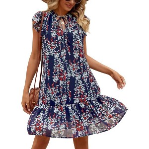 Women's Babydoll Mini Dress Summer V Neck Flutter Sleeve Boho Floral Flowy Shift Short Dress - 1 of 4