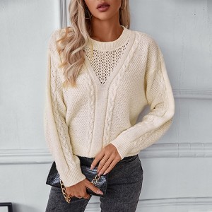 Womens Sweater Tops Hollow Vintage Cable Knit Crew Neck Pullover Sweater - 1 of 4
