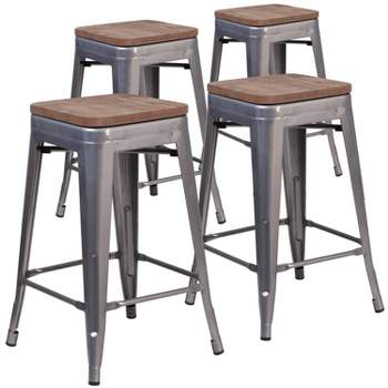Merrick Lane Set of 4 24 Inch Tall Clear Coated Gray Metal Bar Counter Stool With Textured Walnut Elm Wood Seat