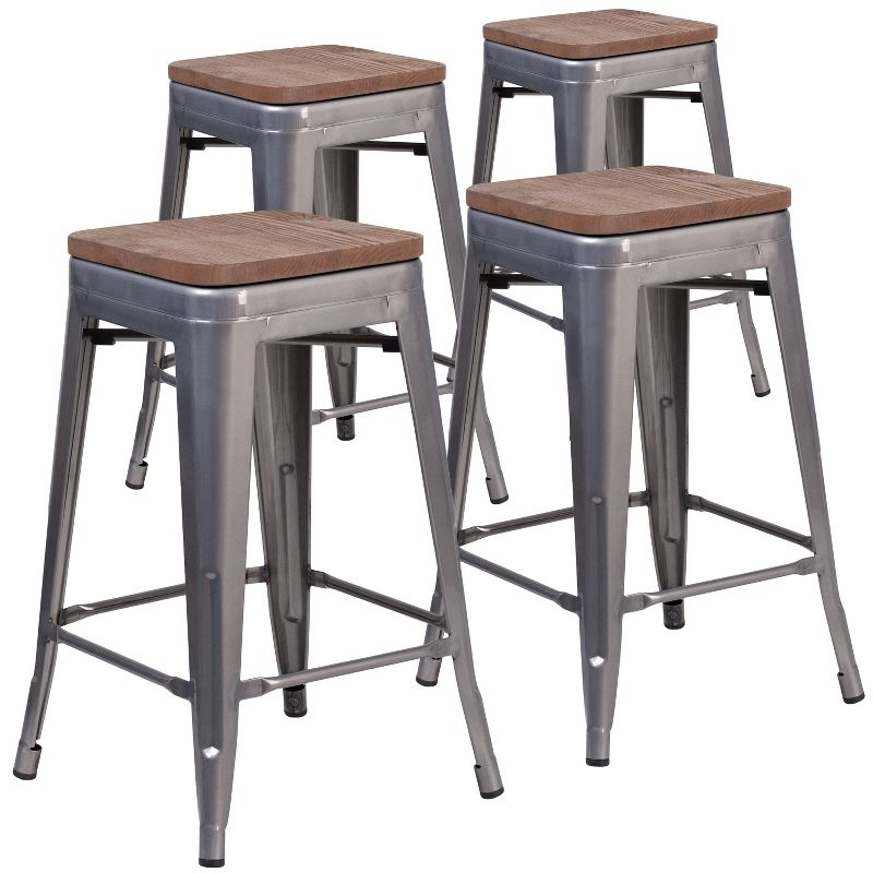 Merrick Lane Set of 4 24 Inch Tall Clear Coated Gray Metal Bar Counter Stool With Textured Walnut Elm Wood Seat, 1 of 6