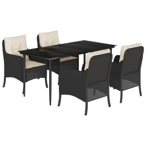 vidaXL 5 Piece Patio Dining Set - Outdoor Table and 4 Garden Chairs with Cushions - Black Poly Rattan, Tempered Glass Top - 1 of 4
