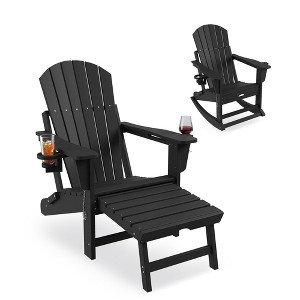 Adirondack Rocking Chair with Retractable Ottoman – Folding Outdoor Rocker Chair, Heavy Duty HDPE Material, Black (380lb Capacity) - 1 of 4