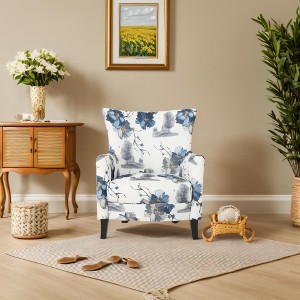 Ridstar Upholstered Print Fabric Soft Lounge Chair & Accent Chair With Arm For Bedroom, Drawing Room-White & Blue - 1 of 4
