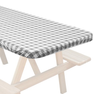 Gray and White Checkered 72'' x 30'' Fitted Vinyl Tablecloth with Flannel Backing