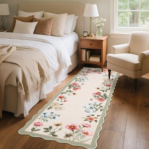 Floral Rugs for Living Room Bedroom Soft Washable Rug Scalloped Edge Plaid Pattern Area Rug Non-Slip Low Pile Rug - 1 of 4