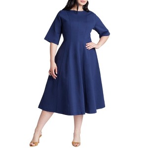Plus Size Women's Seam Detail Ponte Workwear Midi Dress by ELOQUII in Rich Navy (Size 20)