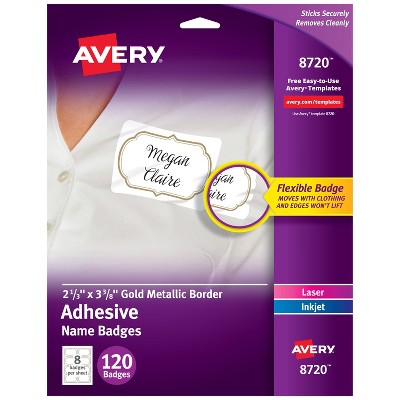 Avery Flexible Printable Name Tags, 2-1/3" x 3-3/8", White with Gold Border, 120 Removable Name Badges (08720)