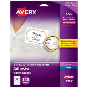Avery Flexible Printable Name Tags, 2-1/3" x 3-3/8", White with Gold Border, 120 Removable Name Badges (08720) - 1 of 4