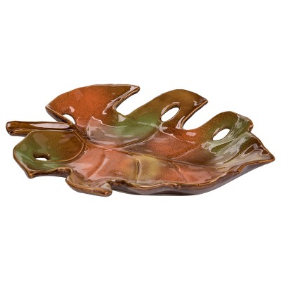 Transpac Ceramic 14 in. Brown Harvest Woodland Greens Leaf Plate