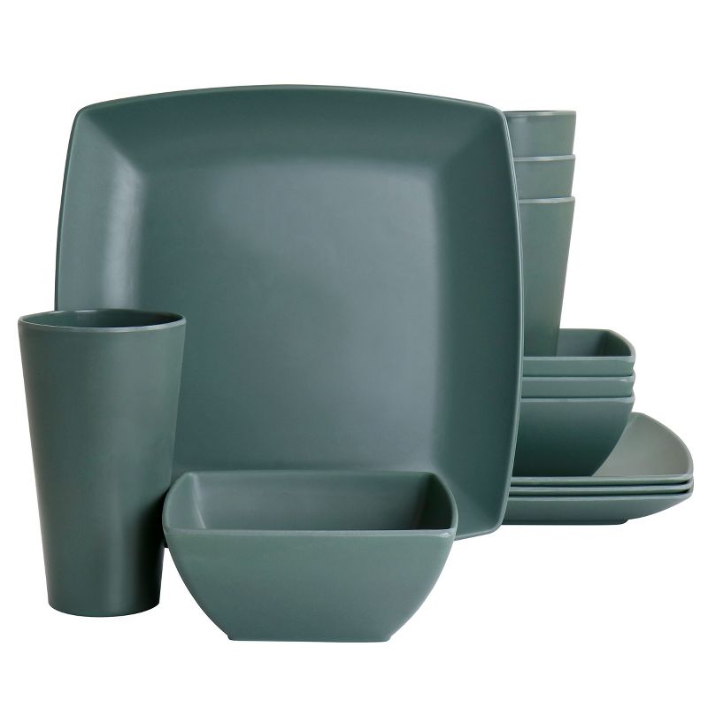 Gibson Home Grayson Melamine 12 Piece Square Dinnerware Set in Green, 1 of 9