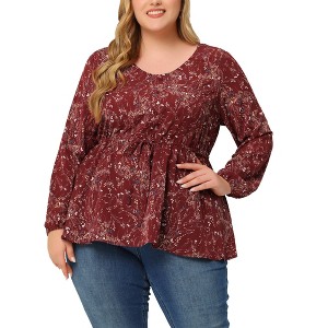 Agnes Orinda Women's Plus Size Round Neck Button Up Puff Floral Long Sleeve Casual Peplum Blouses - 1 of 4