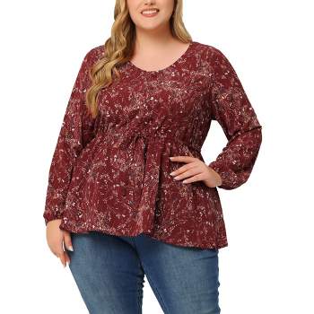 Agnes Orinda Women's Plus Size Round Neck Button Up Puff Floral Long Sleeve Casual Peplum Blouses
