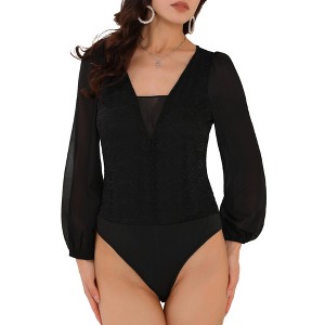 INSPIRE CHIC Women's Lace V Neck Chiffon Puff Sleeve Dressy Formal Leotard Bodysuit - 1 of 4