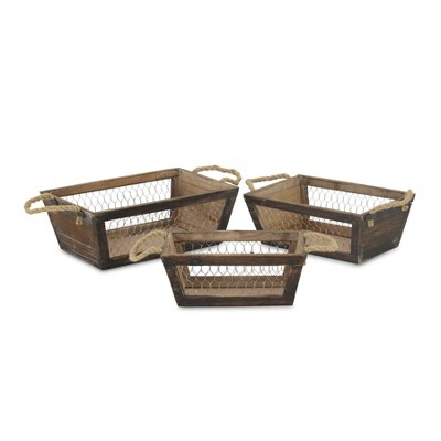 Cheung's Irona Set of 3 Tapered Wood & Wire Crates - Brown