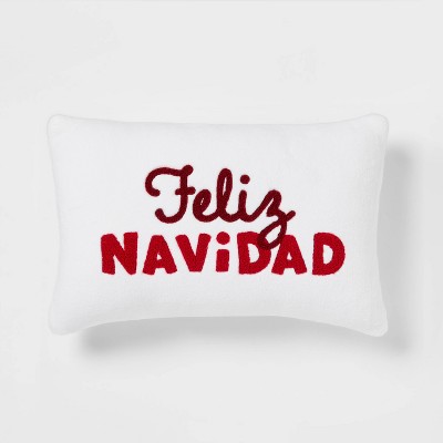 'Feliz Navidad' Embroidered Plush Lumbar Throw Pillow Cream/Red - Wondershop™