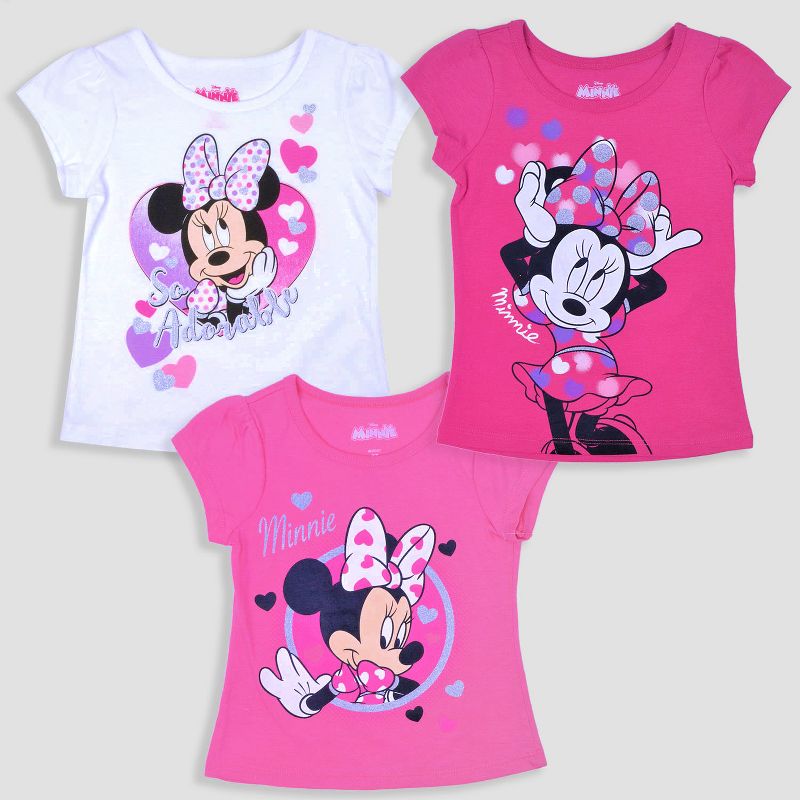Toddler Girls' 3pk Disney Mickey Mouse & Friends Minnie Mouse Short Sleeve T-Shirt - Pink/White, 1 of 7