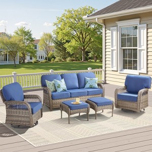 Buenhomino 6PCS Outdoor Furniture Set with 5" Thick Cushion, Outdoor Sofa Couch Set with Swivel Chairs and Ottoman, Brown Wicker Patio Furniture Set - 1 of 4