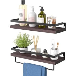 Floating bathroom shelf with towel rail; bathroom/living/kitchen/bedroom wall shelf set of 2; light brown; dark brown; black - 1 of 4