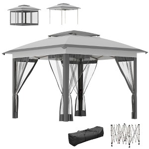 Outsunny 12' x 12' Pop Up Canopy with Center Lift Hook Design, Mesh Sidewall Netting, 3-Level Adjustable Height and Storage Bag, Gray - 1 of 4