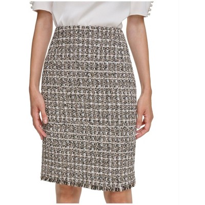 Calvin Klein Womens Boucle Knit Zip Back Fringe Trim Pencil Skirt