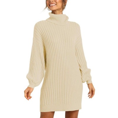 Womens Sweater Dress High Neck Long Lantern Sleeve Knit Sweater Midi Dress