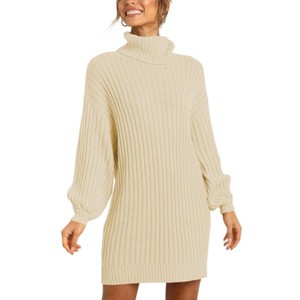 Womens Sweater Dress High Neck Long Lantern Sleeve Knit Sweater Midi Dress - 1 of 3