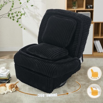 360° Swivel Rocking Glider Armless Manual Recliner with Adjustable Backrest and Footrest, Corduroy Upholstery, Pillows Included