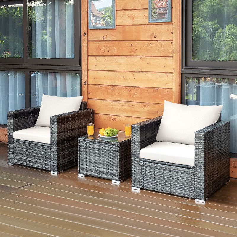 Tangkula 3-Piece Patio Wicker Conversation Set Bistro Rattan Sofa Chair with Washable Cushion, 4 of 11