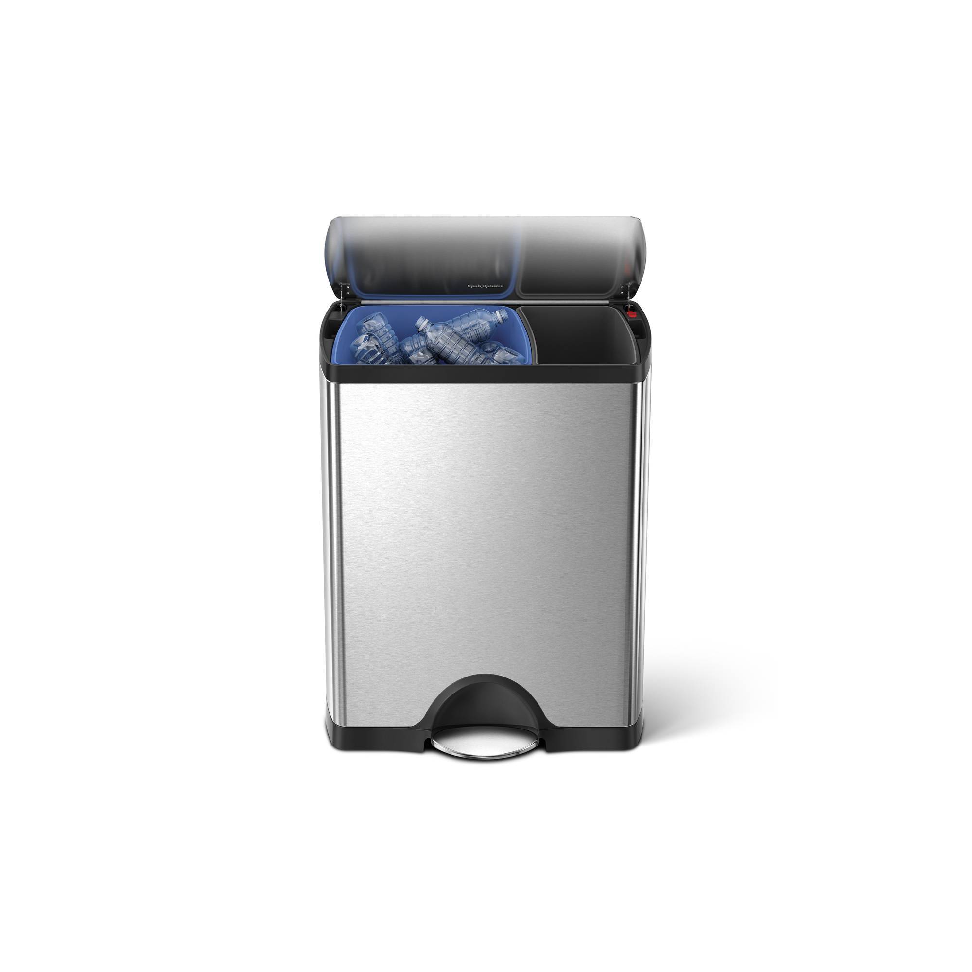 simplehuman 46L Dual Compartment Kitchen Step Trash Can & Recycler Stainless Steel Garbage Can with Fingerprint Proof Finish
