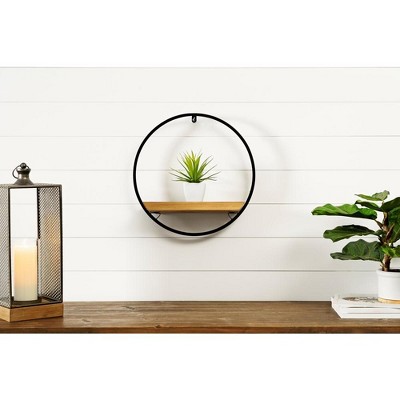 Black Iron and Wood Circular Wall Shelf