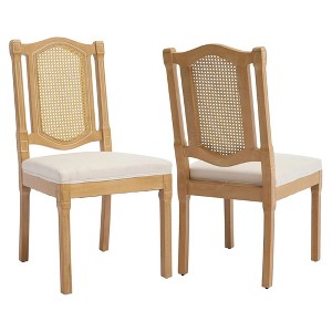 QingMoon Vintage Dining Chairs Set of 2, Wooden Decor Chairs with Square Rattan Backrest and Linen Upholstered Seat for Living Room - 1 of 4
