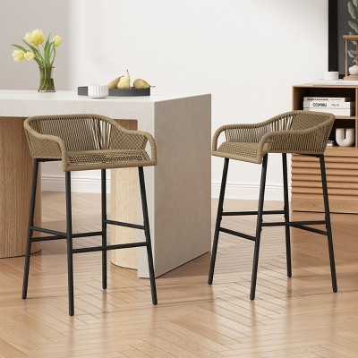 Outdoor Woven Rope Barstools Set Of 2,Modern Height Barstools With Low Backrest And Metal Legs,Patio Rope Armrests Barstools-Coolbibila