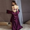 Clotth Women's Luxurious Satin Lingerie Set - Deep V-Neck Backless Babydoll with Padded Cups, belt & Robe, Silky Sleepwear Set, Purple - L - 2 of 4