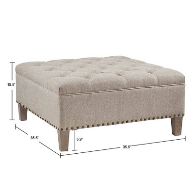 Taupe Tufted Square Cocktail Ottoman with Bronze Nailhead Trim