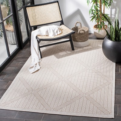 Cream Beige Geometric Synthetic Indoor Outdoor Area Rug