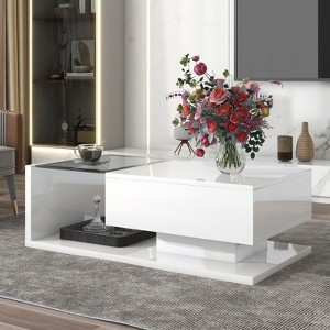 39.3" Coffee Table With Drawer, Tempered Glass, High-Gloss UV Surface Square Wooden Cocktail Table, Household Side End Table - 1 of 4