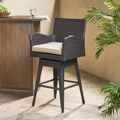 Modern Outdoor Multi-Brown Wicker Swivel Barstool with Tapered Legs-Christopher Knight Home
