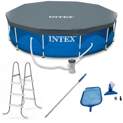 Intex 12 Foot by 30 Inch Framed Above Ground Swimming Pool with 42 Inch Tall Ladder, Maintenance Kit Vacuum Skimmer, and Secure Vinyl Pool Cover