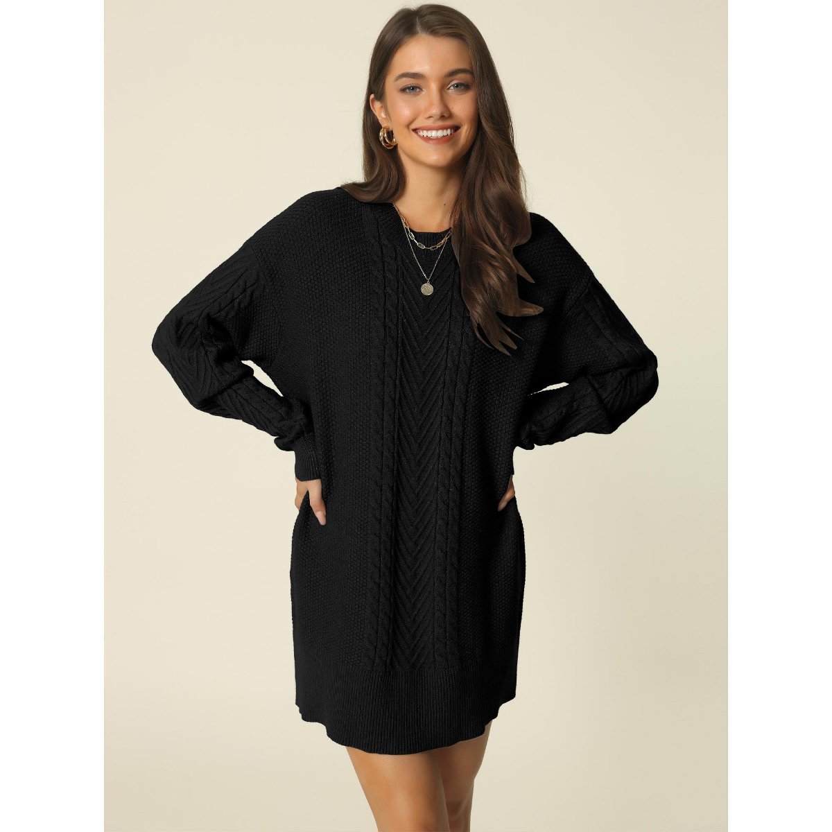 Женские платья INSPIRE CHIC Women's Warm Long Sleeve Crewneck Mini Cable Knit Casual Sweater Dress Large Black — фото 2