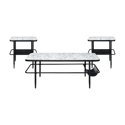 Vynxaria Series 24 in. Black White Rectangular Glass End Table with Marble Print and Metal Base