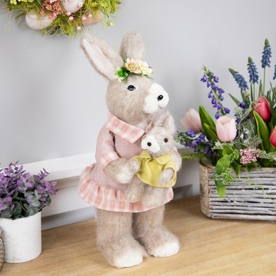 Mother Rabbit With Baby Bunny Easter Figure 14.5" Brown And Rose Pink Prvw Vr~203997505