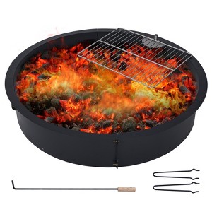 COZONY Outdoor Fire Pit Ring, Heavy Duty Wood Burning Firepit for Camping, Backyard & Bonfire, Round Metal Fire Pit with Tongs, Black - 1 of 4