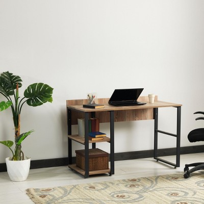 INFURNIC Desks  Writing Desk with Black Metal Frame and 2 Shelves for Stylish Home Office Organization,Sturdy and Durable, Black, 24"*58"*32"