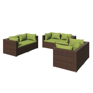 vidaXL 6-Piece Outdoor Patio Lounge Set with Cushions - Water-Resistant PE Rattan - Sturdy Steel Frame - Modular Design - Brown and Green - 1 of 4