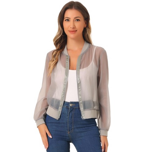 Allegra K Women's Zip Up See-Through Lightweight Long Sleeve Mesh Bomber Jacket - image 1 of 4