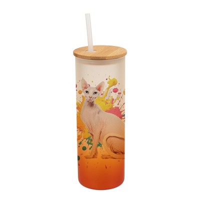 100 North 25 Ounce Frosted Glass Gradient Travel Tumbler With Straw & Wooden Lid, Sphynx Cat Paint Splatter Orange